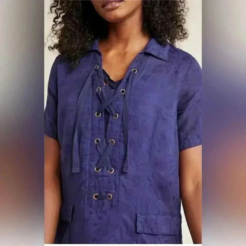 Anthropologie Navy Finley Floral Jacquard Lace-Up Linen Blend Shirt Dress 12 - Picture 3 of 16